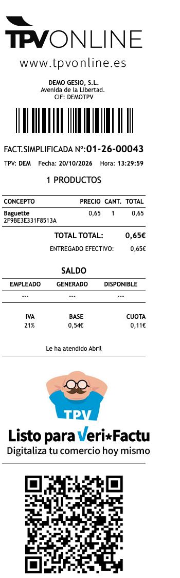 Comprobante completo del ticket 01-26-00043 con Baguette, total de 0,65 euros, código de barras y QR completos