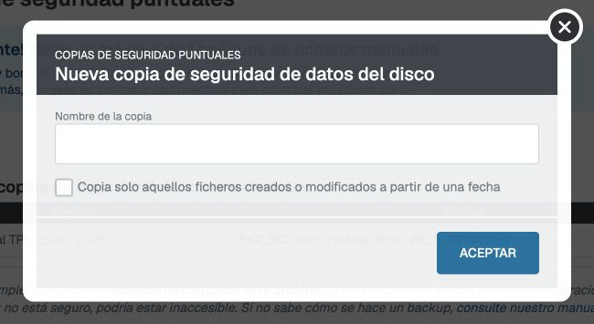 Formulario Nueva copia de seguridad de datos del disco, con campo Nombre de la copia, casilla de copia desde una fecha y botón Aceptar