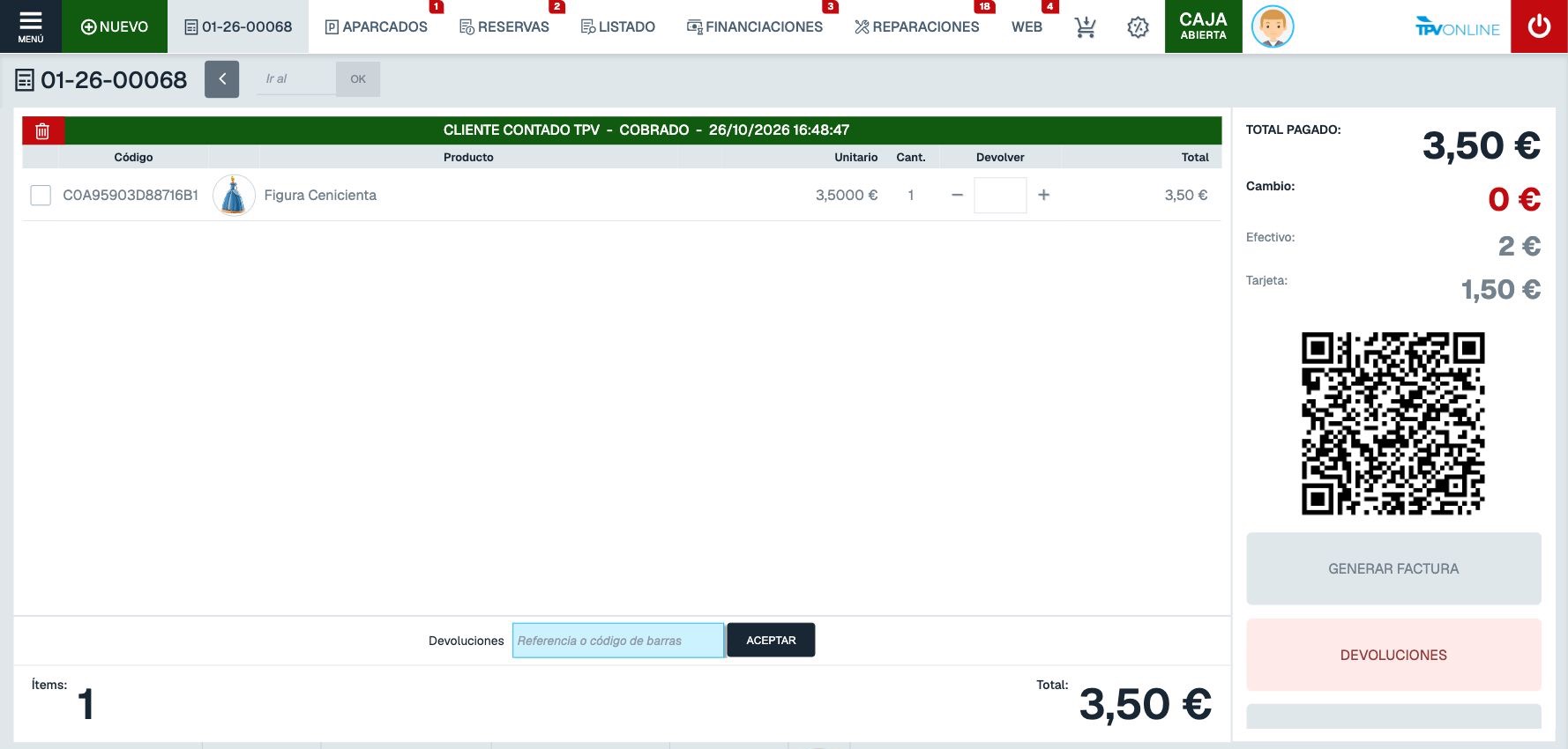 Ticket 01-26-00068 cobrado, total 3,50 €, efectivo 2 €, tarjeta 1,50 €, cambio 0 € y QR completo