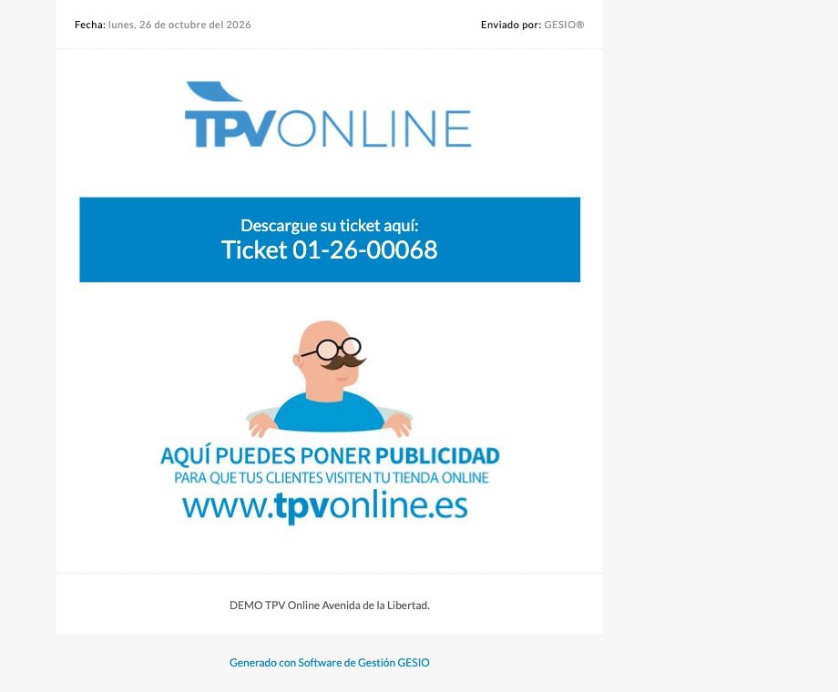 Página de GESIO con el botón azul Descargue su ticket aquí: Ticket 01-26-00068