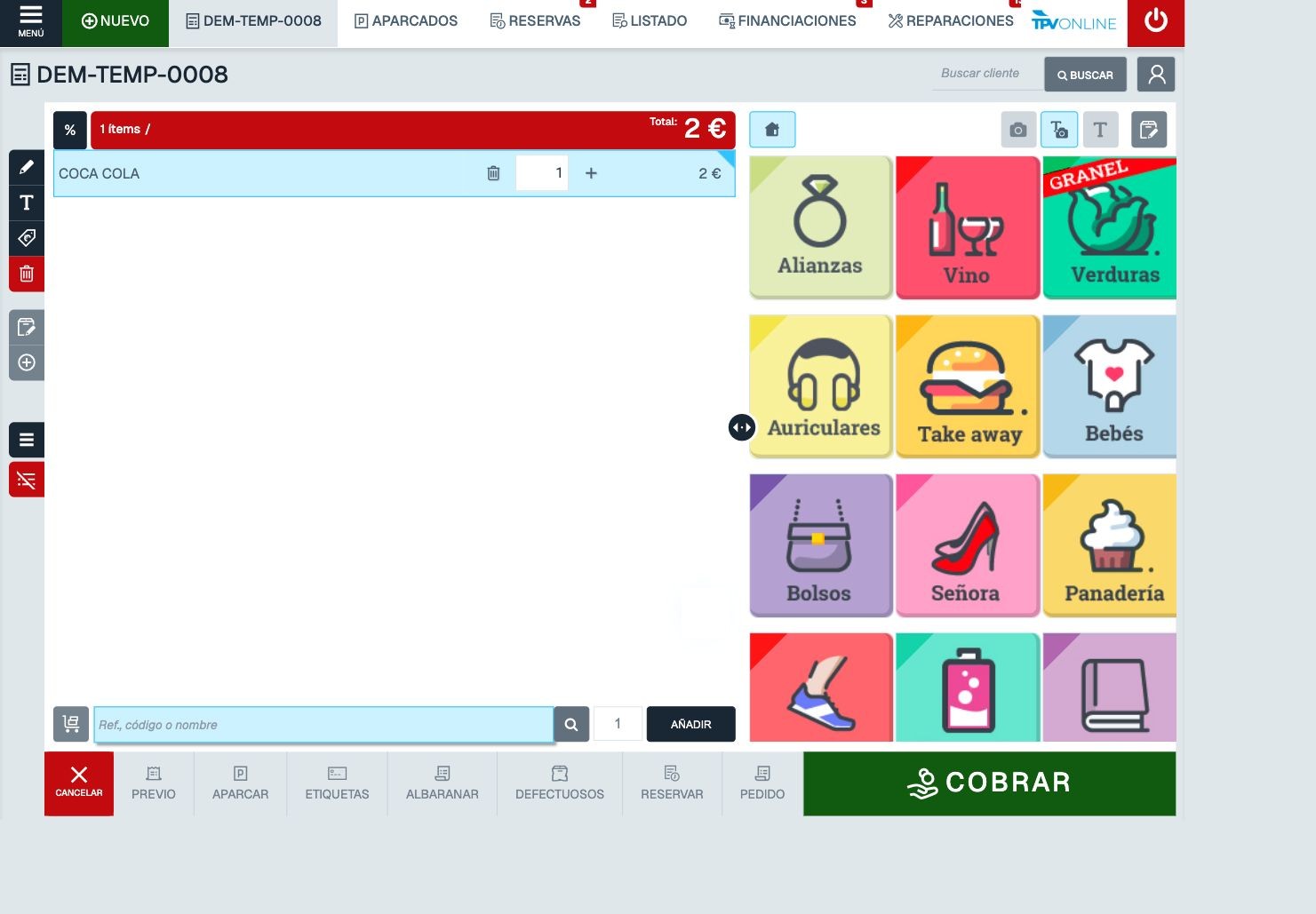 Vista completa del TPV con un artículo en el ticket y el botón de porcentaje a la izquierda del total
