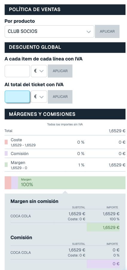 Panel de beneficios abierto con Política de ventas, Descuento global, Márgenes y comisiones para una Coca Cola