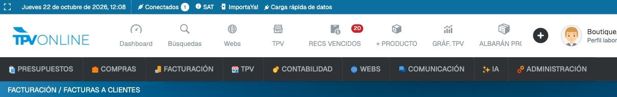 Barra superior con FACTURACIÓN seleccionada y la ruta FACTURACIÓN / FACTURAS A CLIENTES