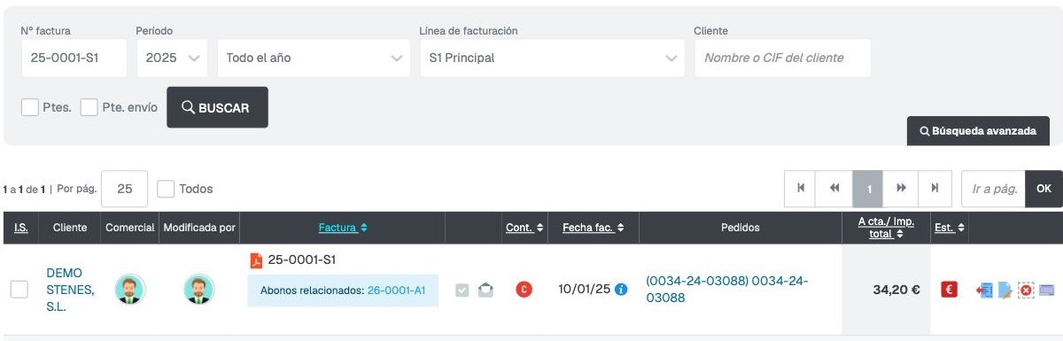Filtro por número, período y línea de facturación con la factura original en el listado