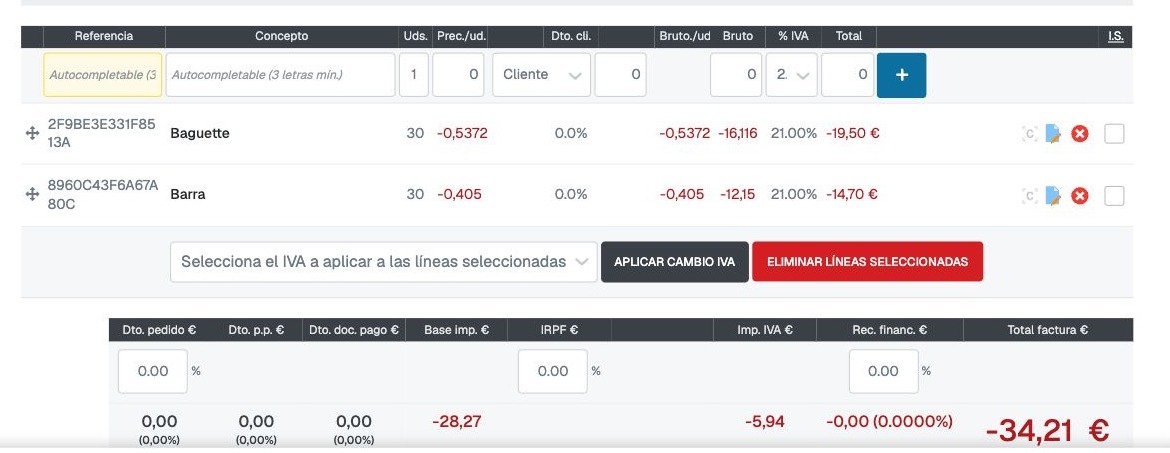 Líneas y unidades del abono con su total para revisar antes de guardar