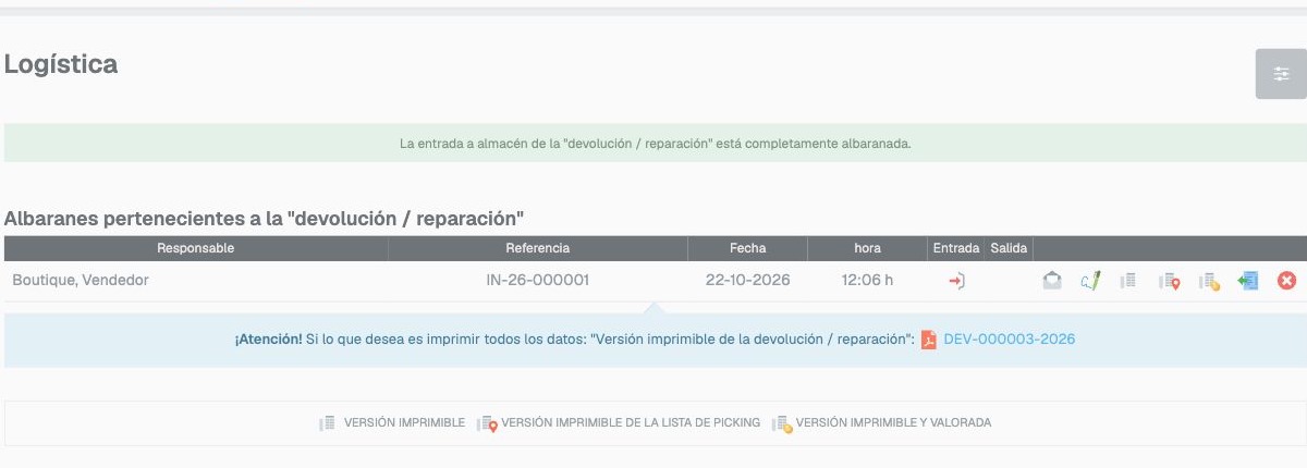 Confirmación de entrada completamente albaranada con referencia del albarán