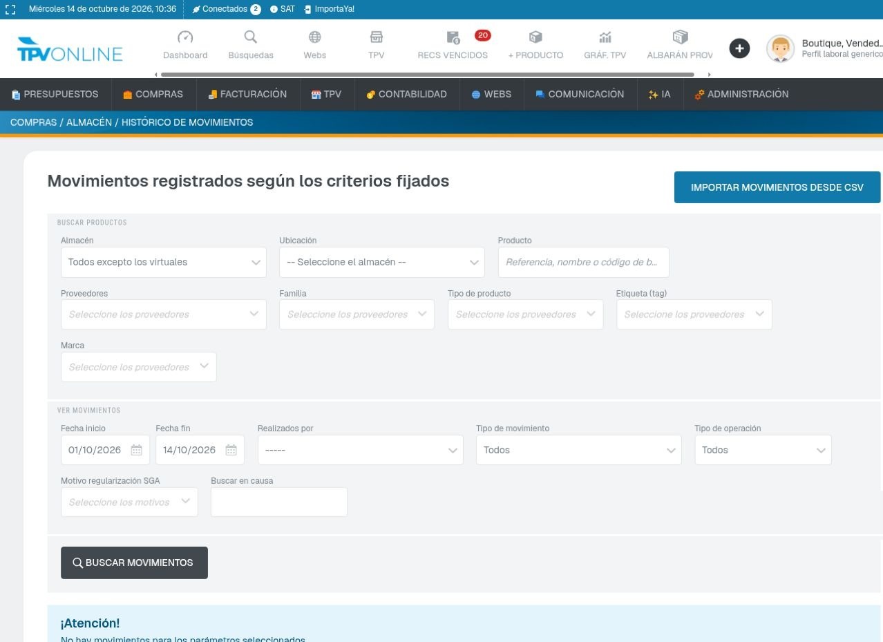 Histórico de movimientos de almacén con filtros de producto, fechas, tipo de movimiento y tipo de operación