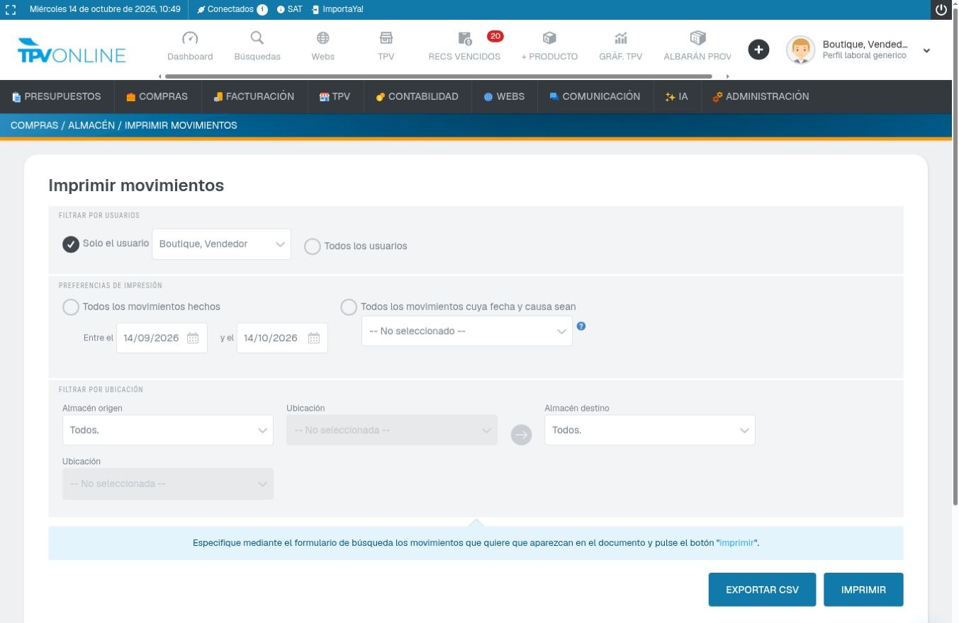 Formulario Imprimir movimientos con filtros por usuario, fechas, origen y destino, y botones Exportar CSV e Imprimir