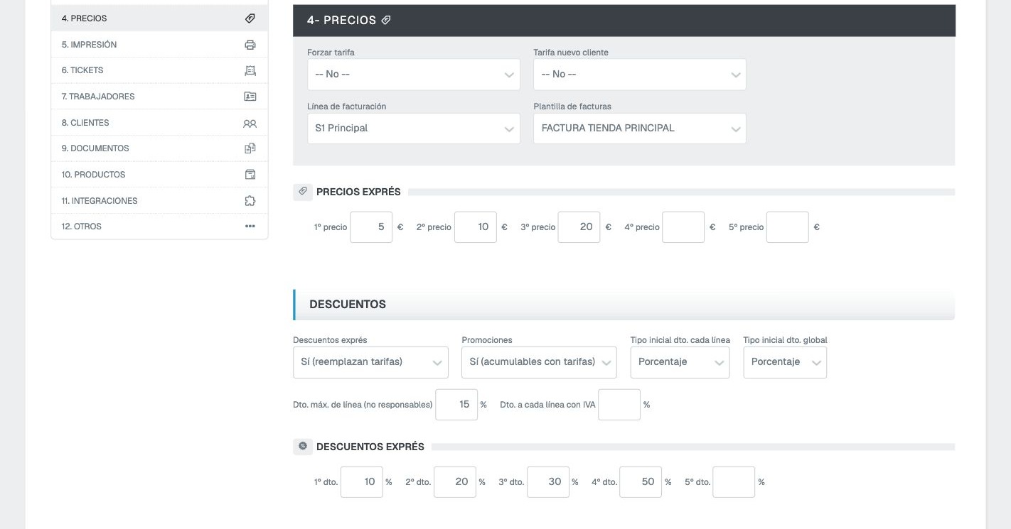 Configuración 4 Precios con selector y valores de descuentos y precios exprés