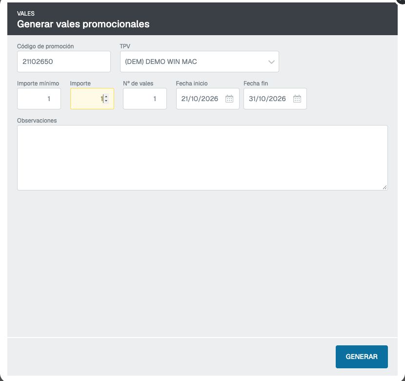 Formulario Generar vales promocionales con código, TPV, importe mínimo, importe, cantidad y fechas