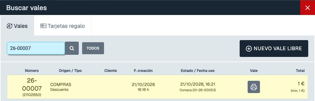 Vale 26-00007 marcado como utilizado en la compra 01-26-00053