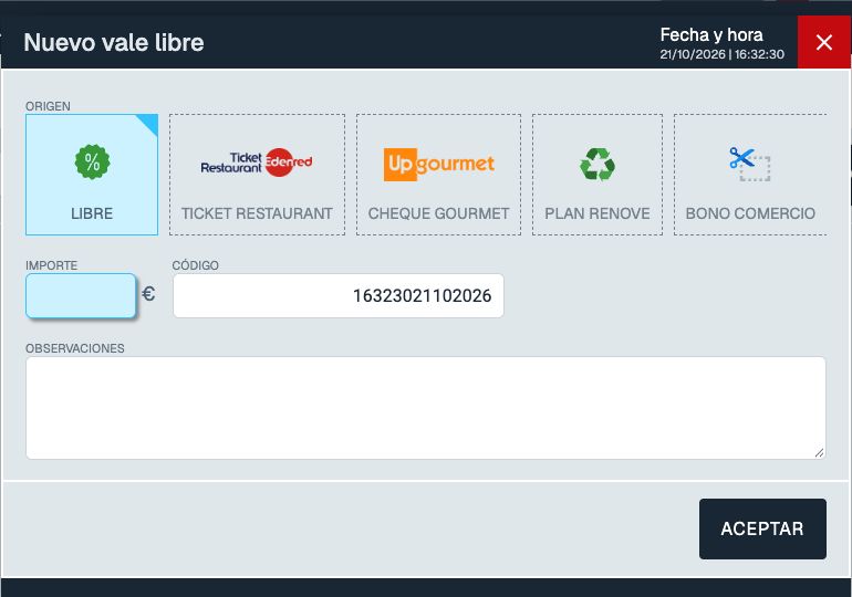 Formulario Nuevo vale libre con tipos de origen, importe, código y observaciones