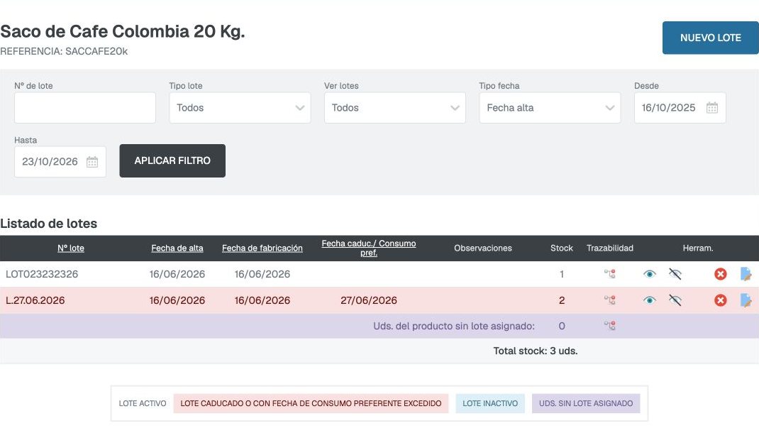 Control de lotes del saco de café con números de lote, fechas, stock y trazabilidad