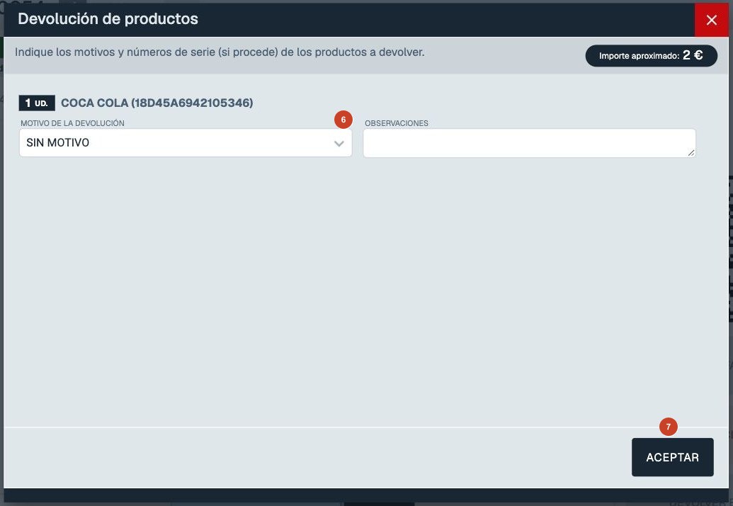 Ventana Devolución de productos con una unidad, importe aproximado de 2 euros, motivo, observaciones y ACEPTAR