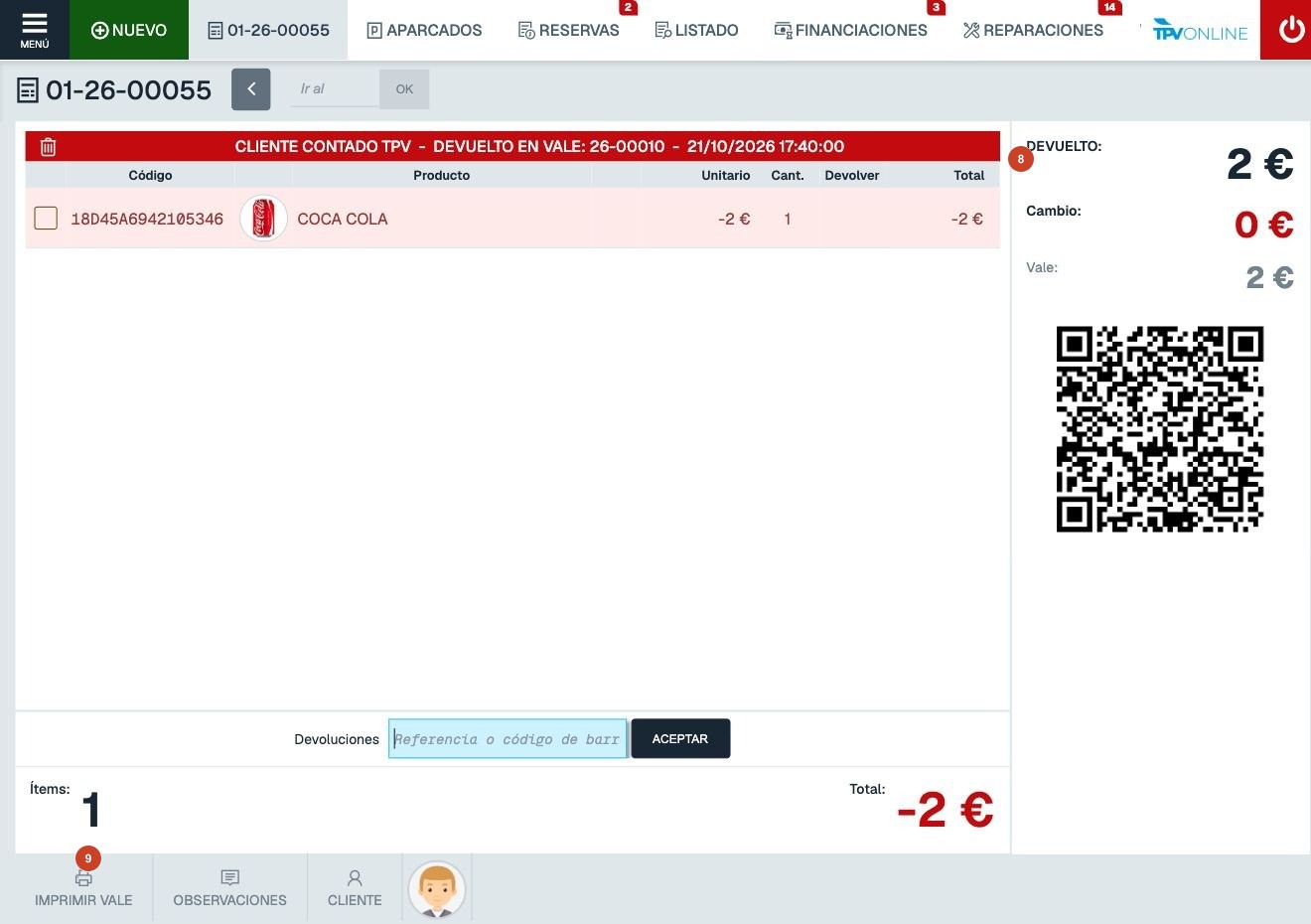 Ticket de devolución 01-26-00055 completo, con vale 26-00010, línea de menos 2 euros y QR íntegro