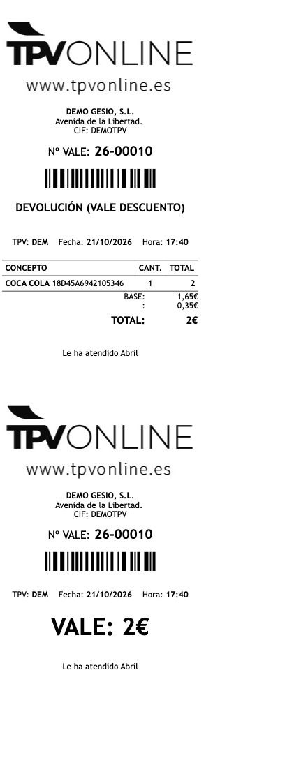 Vale imprimible íntegro con dos cuerpos, número 26-00010, ambos códigos de barras y total de 2 euros