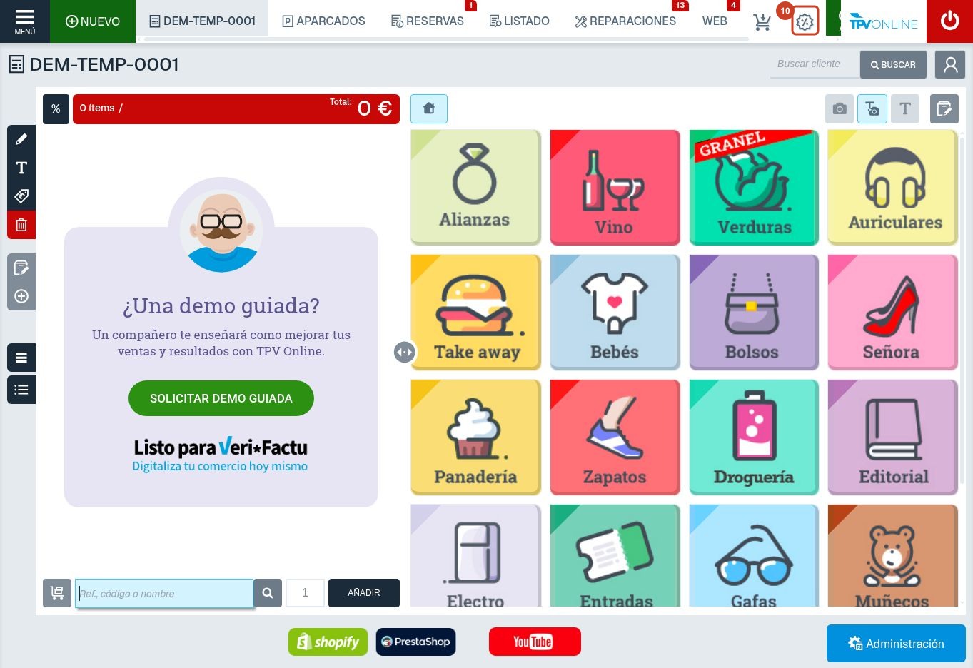 Vista general del TPV con el icono de Buscar vales señalado en la barra superior
