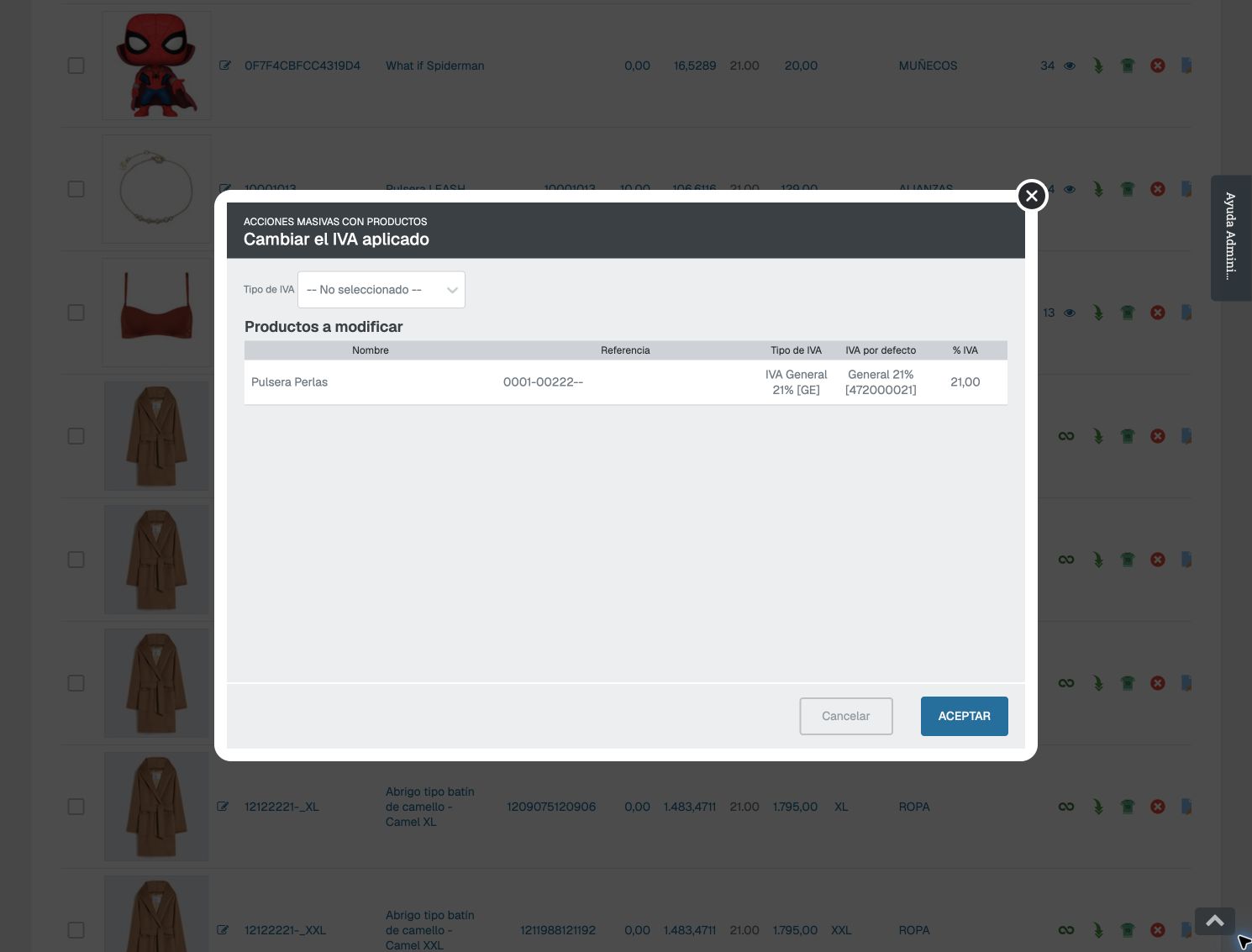 Ventana Cambiar el IVA aplicado, con selector Tipo de IVA y tabla Productos a modificar