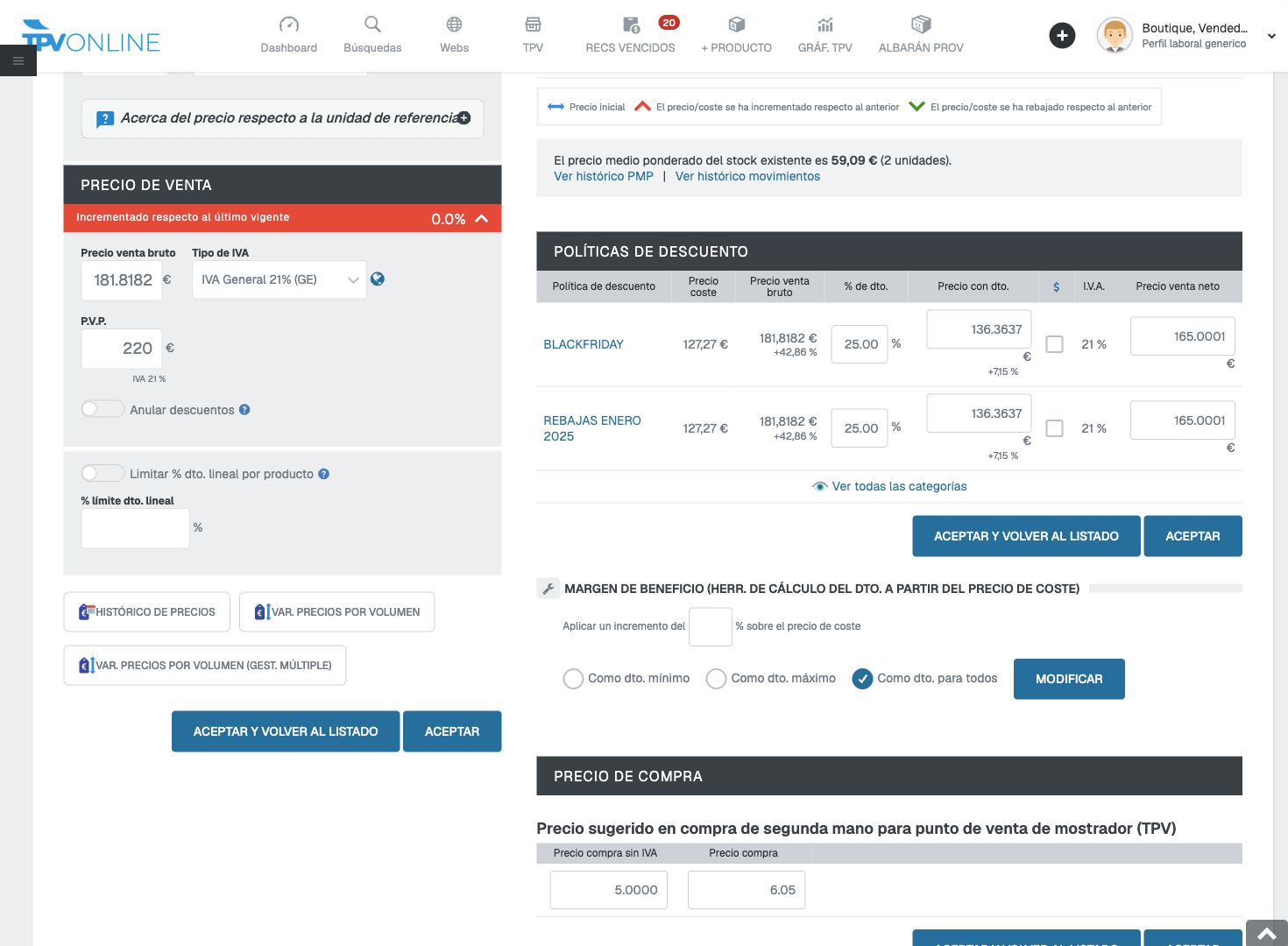 Ficha de producto en Datos económicos con Tipo de IVA, precio bruto y PVP