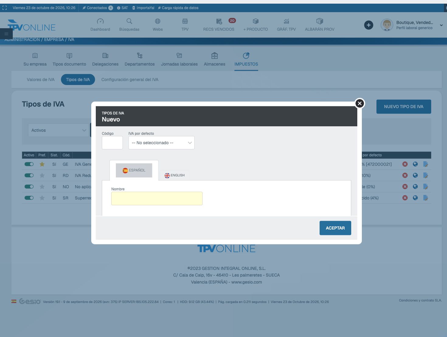 Ventana Nuevo tipo de IVA con Código, IVA por defecto y Nombre