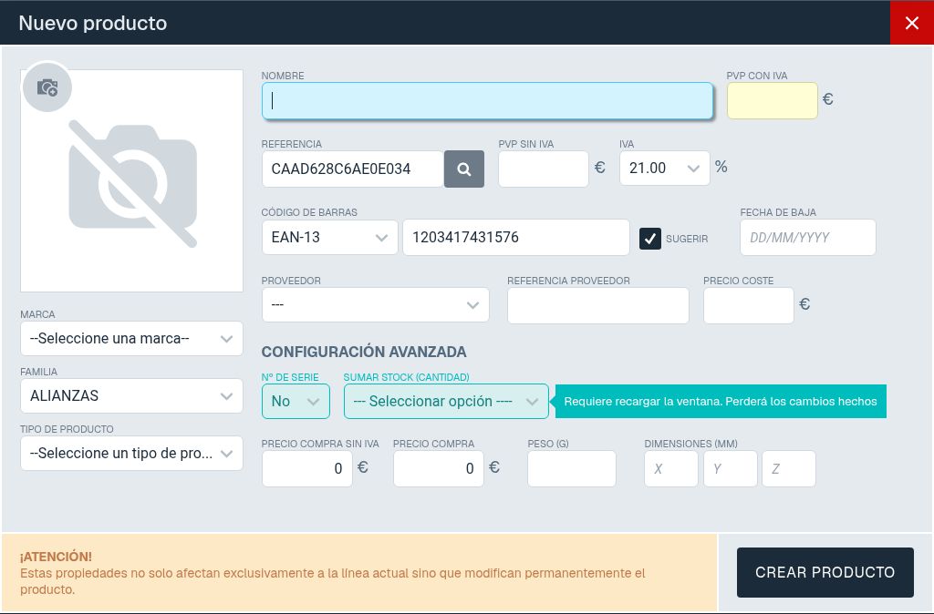 Formulario Nuevo producto con el selector Sumar stock en Configuración avanzada