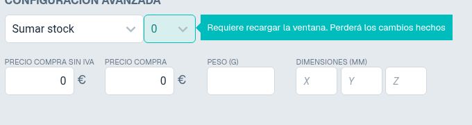 Configuración avanzada de un producto existente con la opción Sumar stock y cantidad