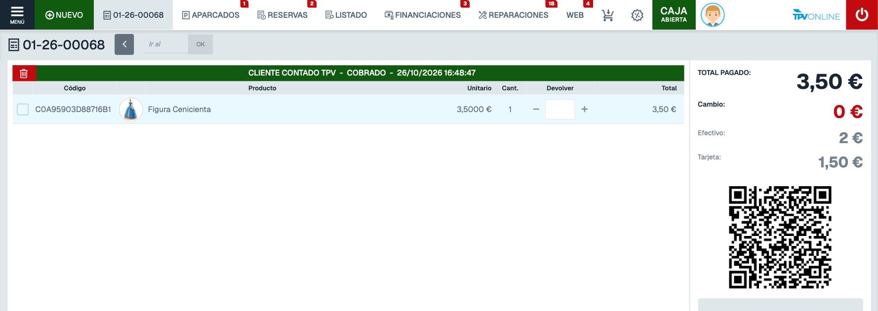Detalle del ticket 01-26-00068 con estado COBRADO y total pagado de 3,50 euros