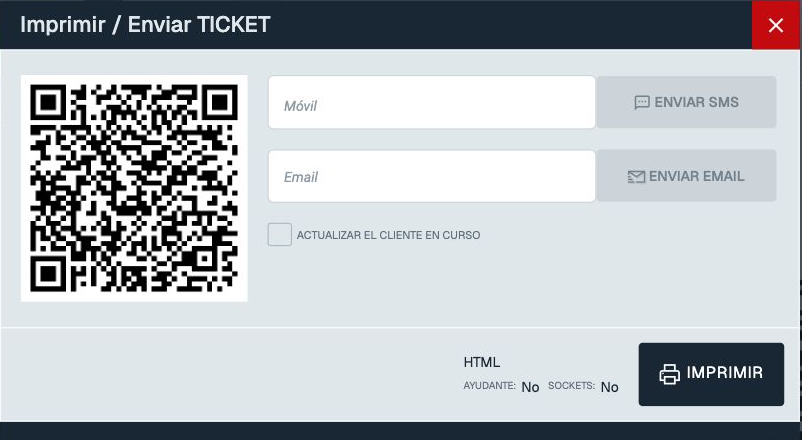 Cuadro Imprimir / Enviar TICKET con el botón oscuro IMPRIMIR