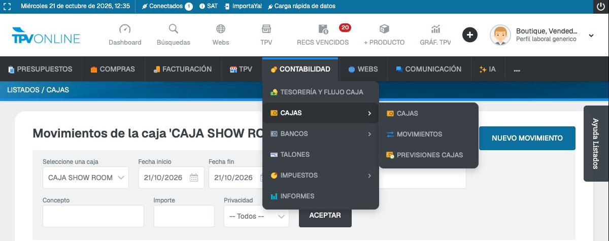 Vista de Administración con el menú CONTABILIDAD, el submenú CAJAS y la opción CAJAS abiertos