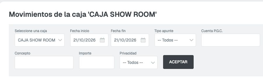 Filtros de movimientos con CAJA SHOW ROOM y el 21/10/2026 en Fecha inicio y Fecha fin