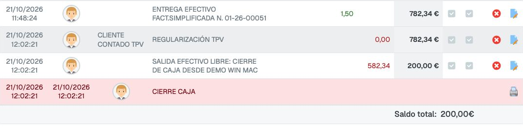 Fila CIERRE CAJA del 21/10/2026 a las 12:02:21 con el icono de impresora a la derecha