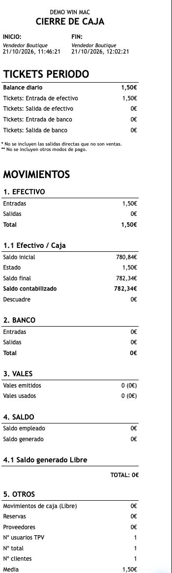 Informe de cierre de caja abierto desde el TPV, con fechas de inicio y fin