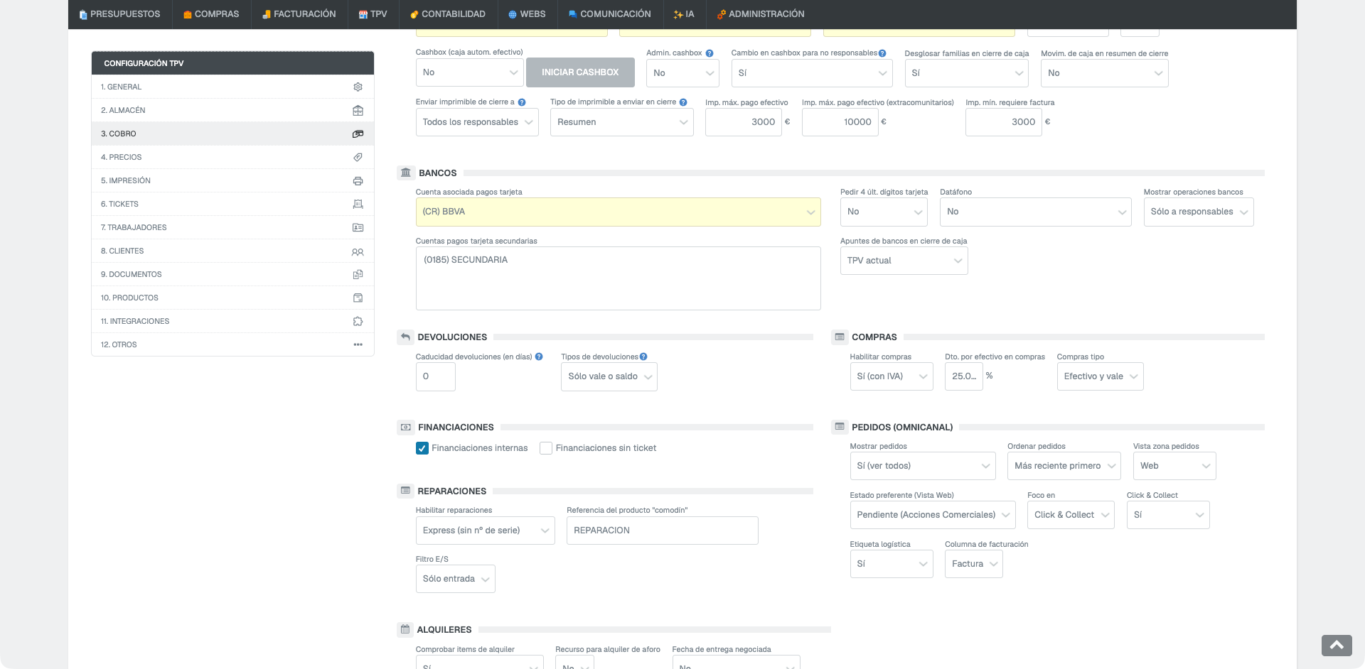 En 3. COBRO, bloque DEVOLUCIONES con Tipos de devoluciones configurado en Sólo vale o saldo