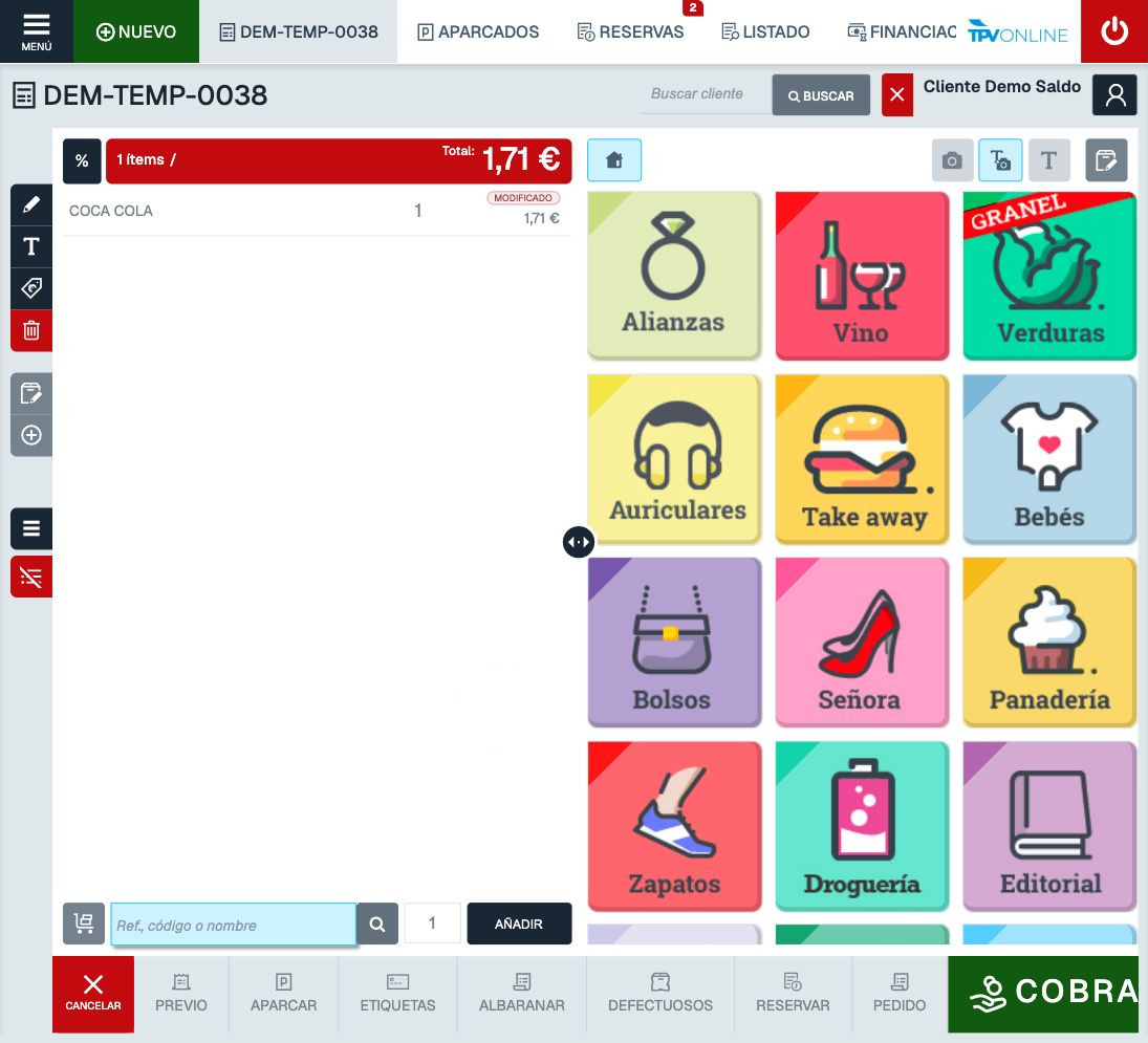 Ticket temporal con el botón BUSCAR y el nombre Cliente Demo Saldo ya asignado