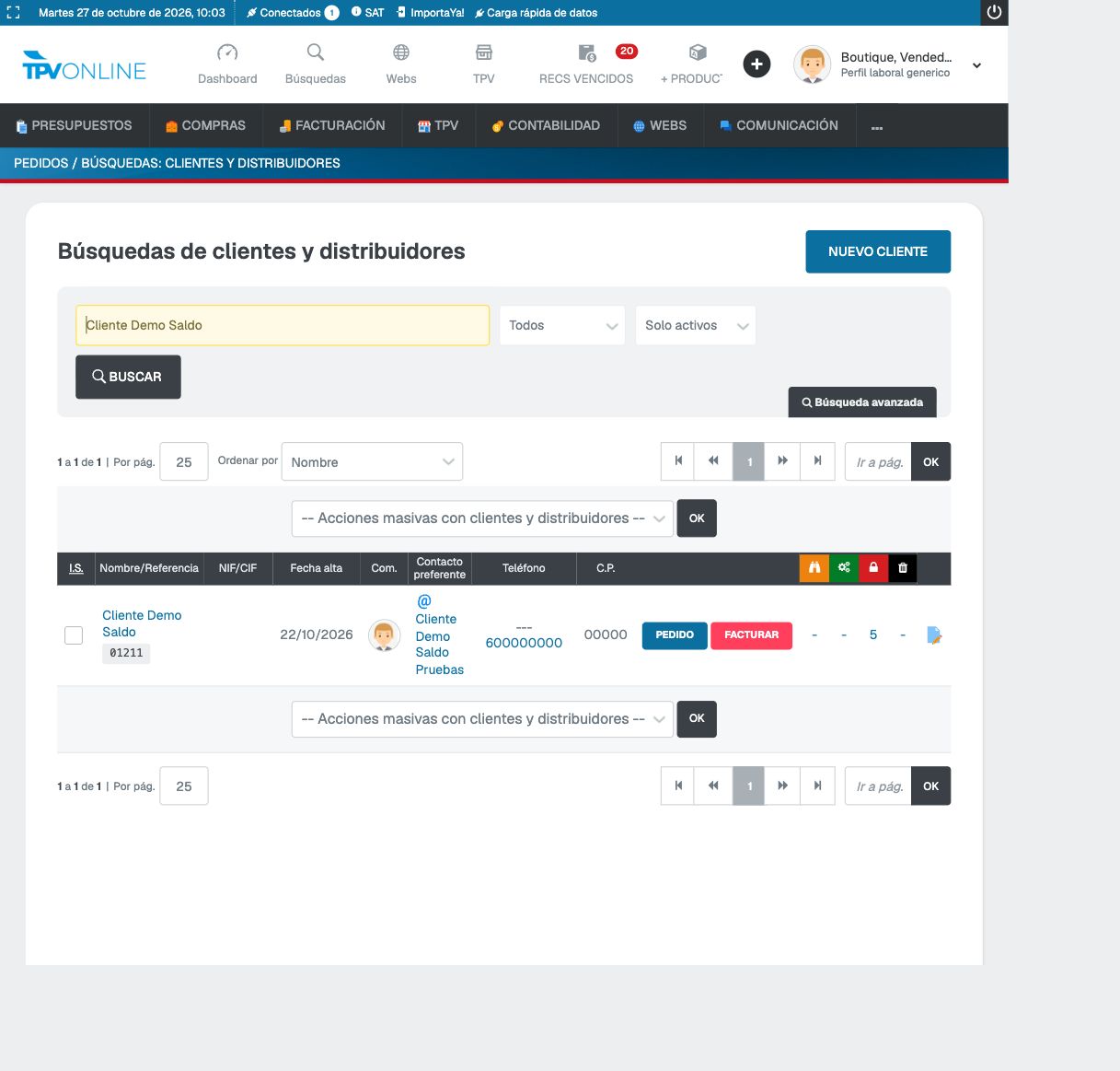 Búsquedas de clientes y distribuidores con Cliente Demo Saldo escrito y su ficha en los resultados