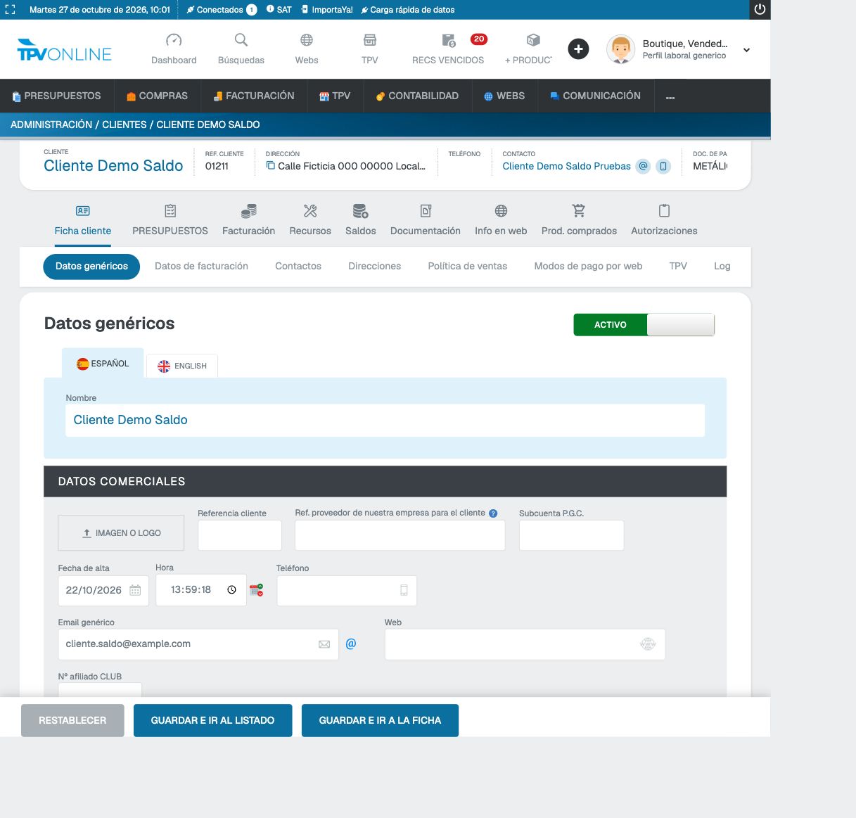 Ficha de Cliente Demo Saldo con la pestaña Saldos señalada