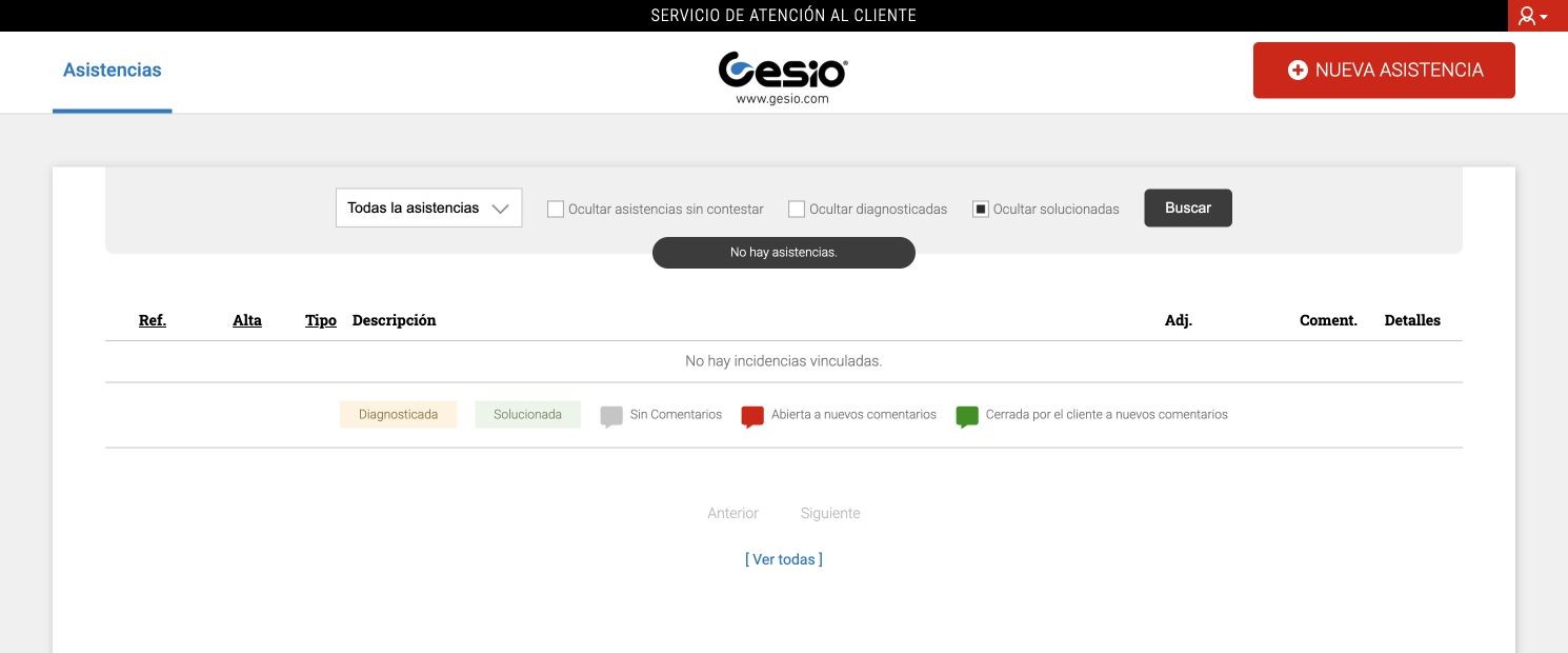 Listado de asistencias del SAT con el botón rojo Nueva asistencia en la esquina superior derecha