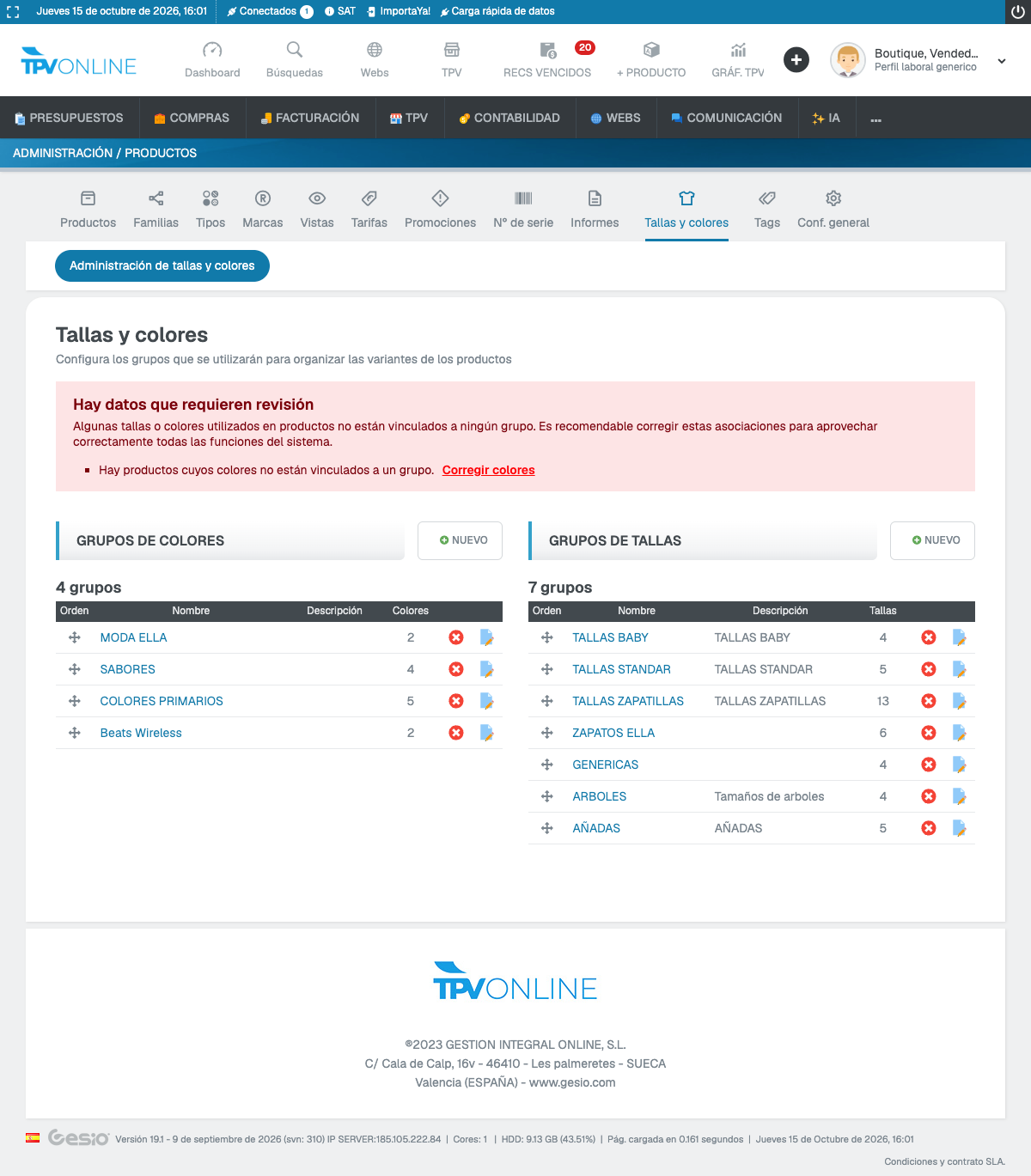 Administración de tallas y colores, con grupos de colores y tallas y sus botones Nuevo