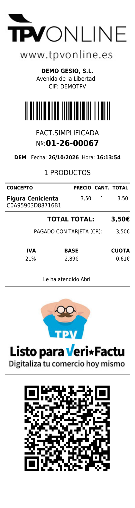 Factura simplificada de GESIO DEMO 01-26-00067, Figura Cenicienta, total 3,50 €, pagado con tarjeta y código QR completo