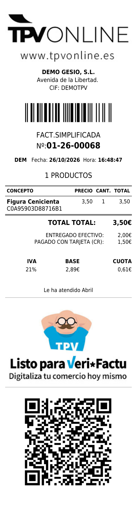 Vista del ticket original 01-26-00068 con Figura Cenicienta y total de 3,50 euros