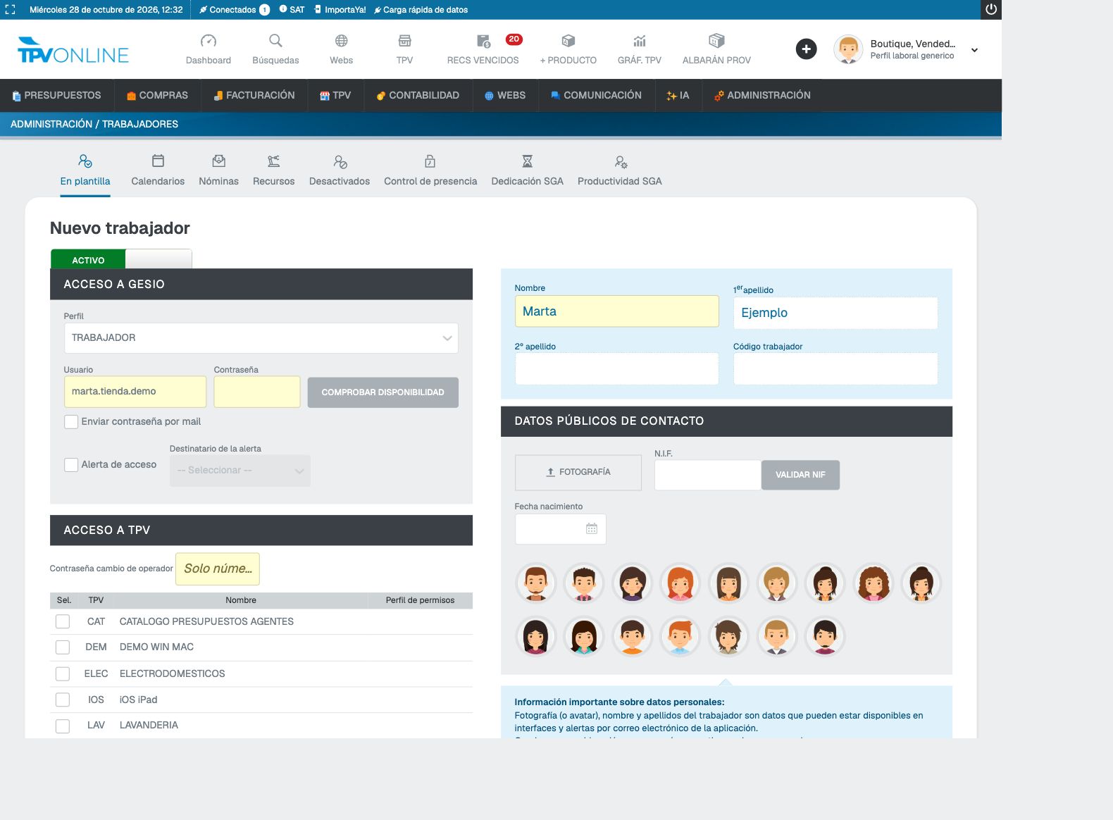 Ficha completa Nuevo trabajador con ACCESO A GESIO y Perfil TRABAJADOR