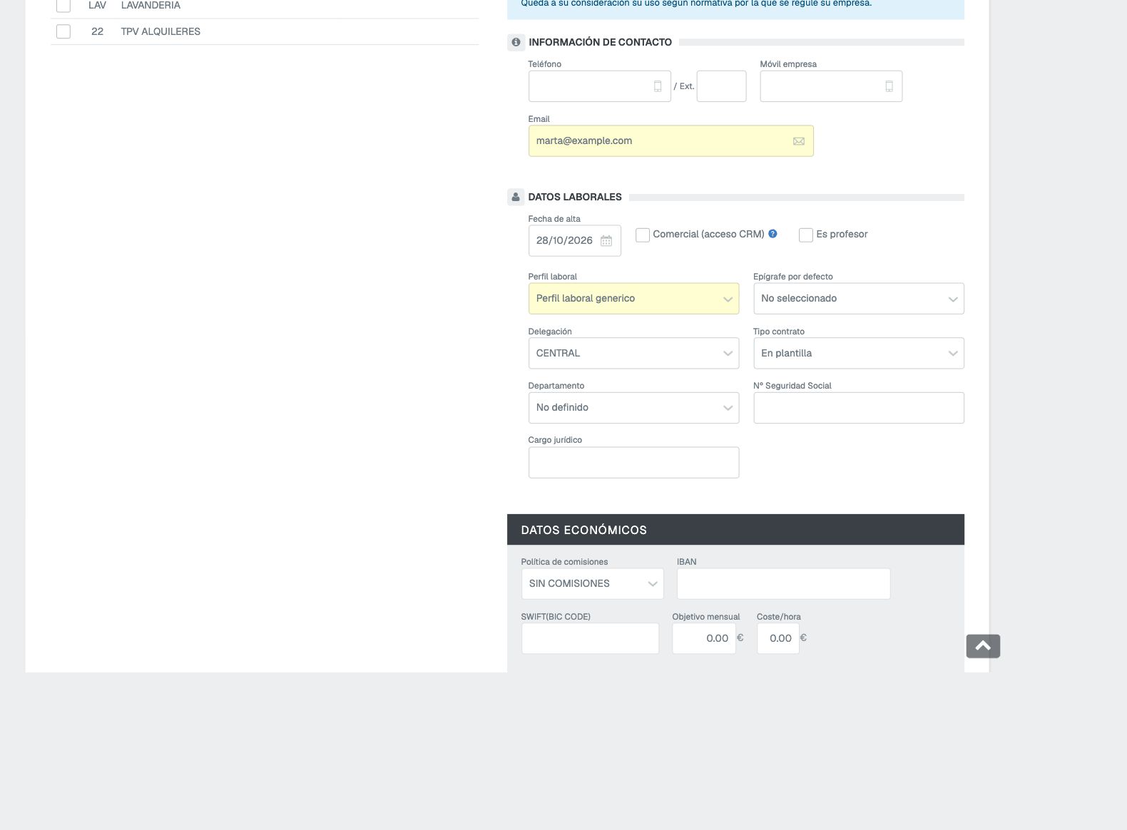 Formulario con Email y Perfil laboral visibles en INFORMACIÓN DE CONTACTO y DATOS LABORALES